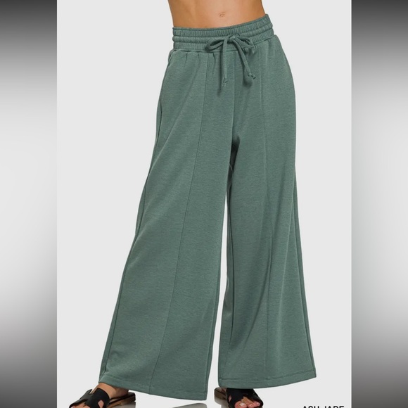 Pants - Wide Leg Drawstring Lounge Pants in Sage Green